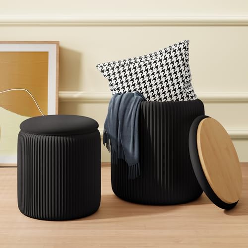 Black Velvet Ottoman with Storage Set of 2, Round Storage Ottoman Foot Rest, Black Makeup Vanity Chair, Small Vanity Stool with Storage, Pouf Ottomans for Living Room, Bedroom - color: Black