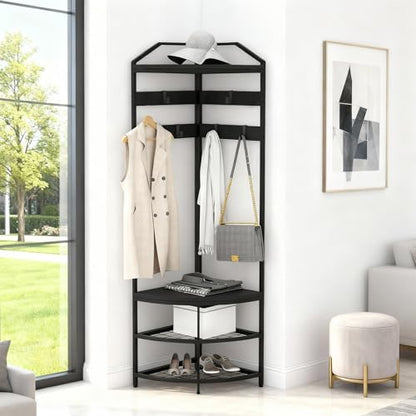 Black Freestanding Corner Coat Rack, Multi-use Metal Hall Tree with Mesh Storage Shelf, Anti-toppling Stable Clothes & Shoe Organizer for Entryway Bedroom Home Decor