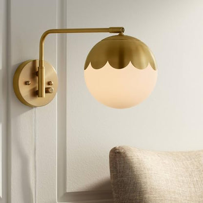 Camila Brass Glass Globe Plug-In Swingarm Wall Lamps Set of 2 Light Fixture | Modern Swing Arm Antique Metal Round Shade for Bedroom Bedside House Reading Living Room Home Hallway Dining - color: Brass - Set of Two