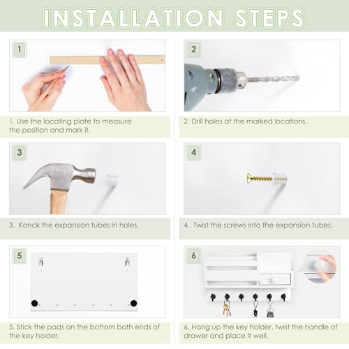 VIS'V Key Holder Wall Mount, Wooden Mail and Key Organizer, White | Contains Little Drawer, Small Shelf, 2 Slots, 6 Hooks, for Entryway, Hallway, Doorway, Kitchen, Garage, RV - color: White