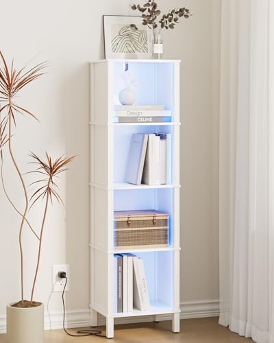 Bookshelf with LED Lights, Modern 4-Tier Bookcase, Open Storage Book Shelf, 11 × 14.2 × 50.4 Inches, Small Narrow Bookshelves for Living Room, Home Office, Bedroom, White - color: White