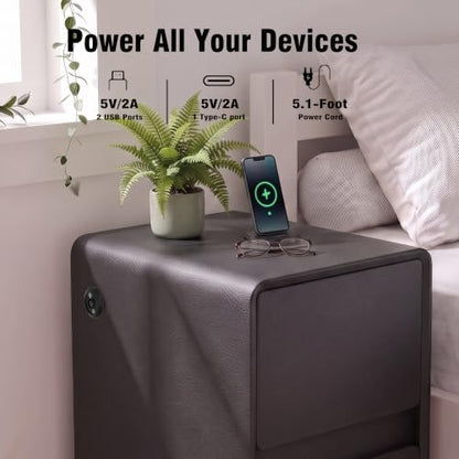 Modern Leather Nightstands Set of 2, Solid Wood Bedside Table with 2 Drawers & USB Charging Station, Preassembled End Table Small Nightstand for Bedroom Living Room Office, Black - color: Black, size: 16"