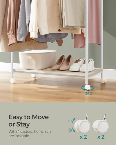 SONGMICS Clothes Rack with Wheels, Double-Rod Clothing Rack for Hanging Clothes, 38.8 Inches Garment Rack with Shelf, Loads up to 220 lb, for Bedroom, Closet, Natural Beige and Cloud White UHSR152W01 | Clothing Rack for Hanging Clothes, 38.8 Inches, Loads