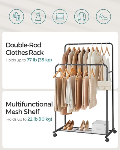 SONGMICS Double Rods Clothes Rack with Wheels, Clothing Rack for Hanging Clothes, Heavy Duty Garment Rack with Mesh Storage Shelf, 2 Brakes, Each Top Rail Holds up to 77 lb, Black UHSR26BKV1 - color: Black, style: Double Rod