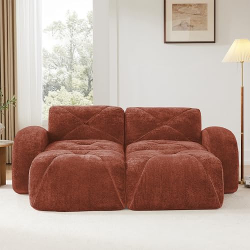 Red Loveseat Sectional Couches for Living Room, Velvet Fabric Boneless Couch, No Assembly Cloud Modular Sectional Sofa Love Seat with 2 Ottoman, Foam Couch Compressed Sofa Set, Sofas para Sala - color: Red, size: 2 Seater + 2 Ottoman