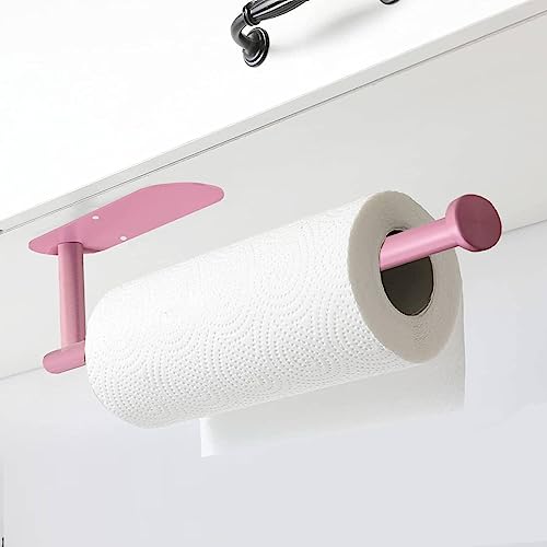 YeeBeny Pink Paper Towel Holder Self Adhesive or Drilling for Kitchen | Paper Towel Holder As Wall Mount Tissue Rack, Dual Install For Under Cabinet, Waterproof Dispenser Saves Kitchen Counter - color: Pink