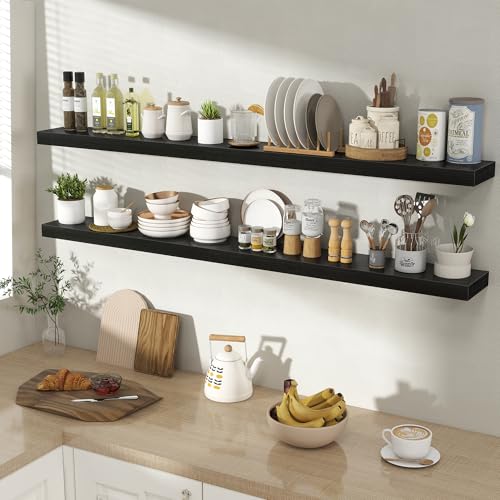 Acovy 55 Inch Floating Shelves for Wall 2 Pack, 55" Wall Shelves for Books, Storage, Decor, Wall Mounted Floating Shelf with Invisible Brackets for Kitchen, Living Room, Black - color: Black, size: 6.5"Wx55"L-2pcs