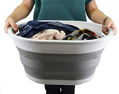 SAMMART 32L (8.4 Gallon) Collapsible Plastic Laundry Basket - Foldable Pop Up Storage Container/Organizer - Portable Washing Tub - Space Saving Hamper/Basket, Water Capacity: 24L (2, White/Grey) - color: White/Grey