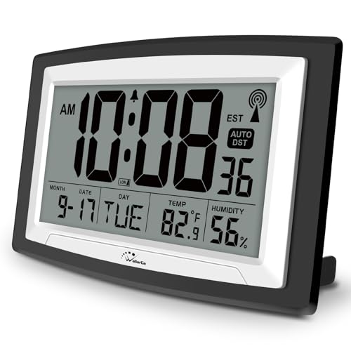 12.5 Inch Atomic Clock with Indoor Temperature and Humidity | Battery Operated Digital Wall or Desk Clock, Auto DST, Large Display for Seniors, Self-Setting, for Classroom, Garage, Office - size: Large