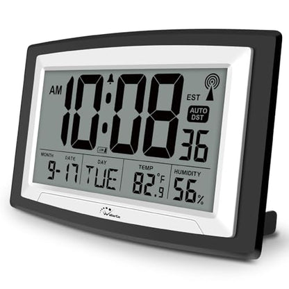12.5 Inch Atomic Clock with Indoor Temperature and Humidity | Battery Operated Digital Wall or Desk Clock, Auto DST, Large Display for Seniors, Self-Setting, for Classroom, Garage, Office - size: Large