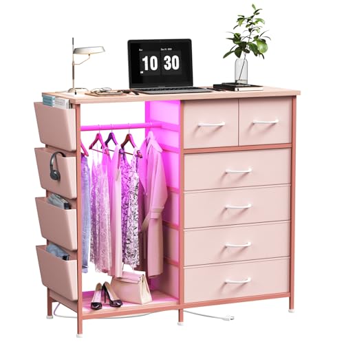 6 Drawer Dresser for Bedroom with Clothes Rack, Clothes Dresser with Side Pockets and Hooks, Charging Station & LED Lights, Wooden Top, Fabric Storage (Pink) - color: Pink