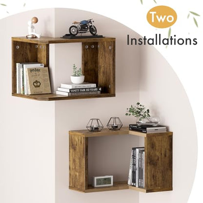 Floating Corner Shelf, 2-Tier Floating Shelf for Wall, Wood Floating Book Shelf for Living Room, Bedroom, Bathroom, Home Office, Rustic Brown - size: 2-Tier
