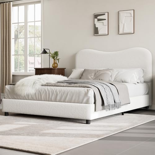GarveeHome Queen Bed Frame with Boucle Fabric, White | Upholstered Headboard, Low Profile, Sturdy Platform Bed, Rounded Corners Design, Noise Free, No Box Spring Needed - color: White, size: Queen