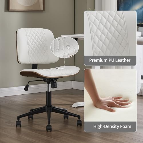 VipDesk Small Home Office Chair - Armless Mid Back Desk Chair with 360° Swivel and Wheels, PU Upholstered Height Adjustable Modern Walnut Computer Chair for Home, Office Meeting Room - White - color: White, size: MCM Style