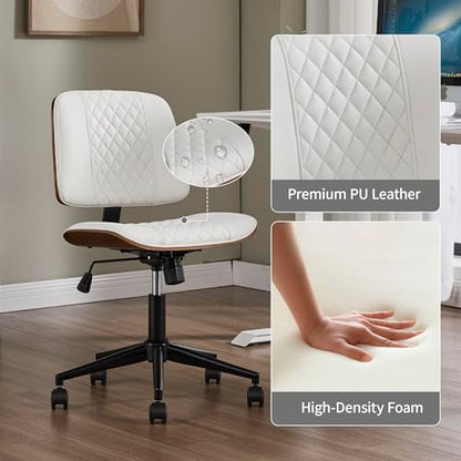 VipDesk Small Home Office Chair - Armless Mid Back Desk Chair with 360° Swivel and Wheels, PU Upholstered Height Adjustable Modern Walnut Computer Chair for Home, Office Meeting Room - White - color: White, size: MCM Style