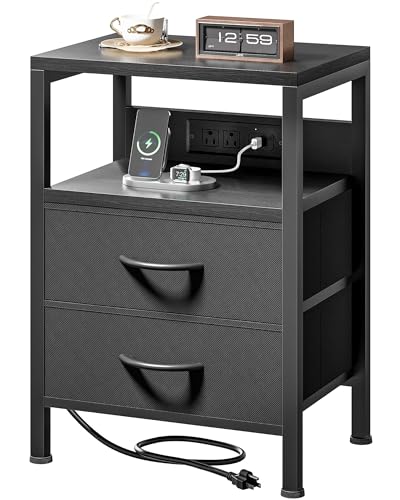 Lazzanto Night Stand with Charger Station for Bedroom, Black Nightstand | Bedside Table, Open Shelf, 2 Fabric Drawers, Built in USB-A, USB-C Port & AC Outlets, For Dorm, Living Room, Bedroom - color: Black, size: 2 Drawers