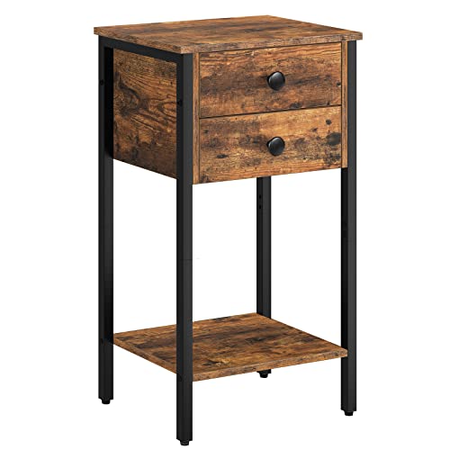 HOOBRO Tall Nightstand, End Table with 2 Drawers and Storage Shelf, Industrial Telephone Side Table for Study, Bedroom, Space Saving, Easy Assembly, Rustic Brown and Black BF72BZ01