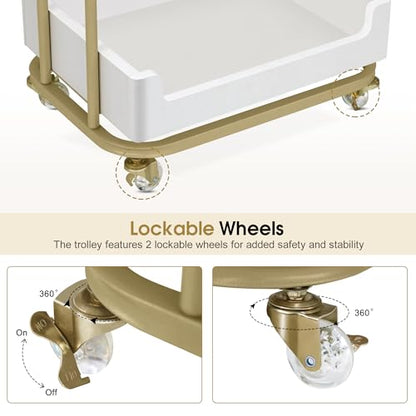 BarberPub Salon Trolley Cart, Gold Accents 3-Tier White&Gold 2086 - color: White&gold