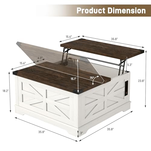 Hlivelood 36" Farmhouse Movable Lift Top Coffee Table with Storage and Power Outlets, Square Wood Living Room Tables with Wheels&Large Hidden Space, Lift Wooden Barn Door Center Table, White - color: White