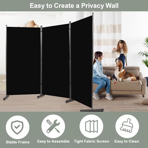 Room Divider 3 Panel Folding Privacy Screen, Round Pad Design Wall Divider | 71''Hx102''W, UV Protection Fabric, Wobble-free Metal Frame, Large 3 Panel Partition Room Dividers, Indoor Window Blackout - color: Black