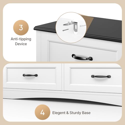 Gizoon 47" 6 Drawer Dresser, White & Black Chest of Drawers Bedroom | 6 drawer wood dresser with metal handles. Storage cabinet organizer for bedroom, kids nursery room and home office - color: White-black