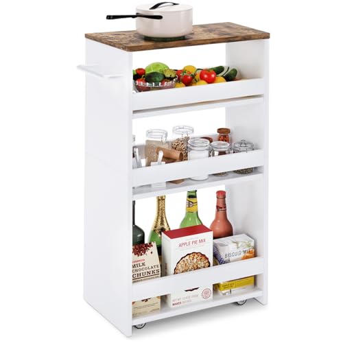 TEAMIX Slim Rolling Storage Cart, Wood 4-Tier Narrow Kitchen/Laundry Cart | 7.9"W Thin Cabinet with Wheels and Handle, Use as Spice Rack Next to Fridge, Laundry Room Organization Between Washer & Dryer - color: White, size: 7-7/8'' W