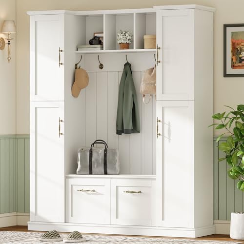 JIVOIT Farmhouse Hall Tree with 4 Side Cabinets, Adjustable Shelves & Open Cubbies, All-in-One Mudroom Furniture, Beadboard Entryway Bench with Coat Rack & 5 Hooks for Hallway (White,152) - color: White,152