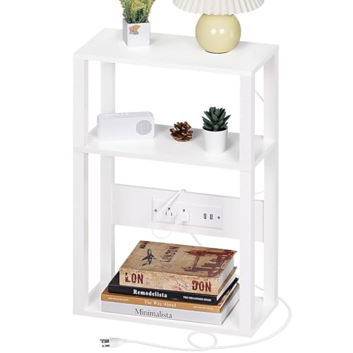 YUFAM 3-Tier Narrow Bedside Table with Charging Station, Skinny Nightstand | Thin Side Table for Small Spaces, Slim End Table with USB and Outlets, Easy Assembly for Couch, Living Room, Bedroom, White - color: White, size: 1 Pack