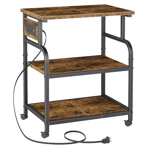 YAOHUOO 3 Tier Large Printer Stand with Power Outlet/Adjustable Shelf | 22"x15" Large Top,Fit 2-3 printers,Rolling Cart with Wheels,Table for Home Office,Fit 3D Printer/Heat Press/Laser,Brown - color: Rustic Brown, size: 22"×15"