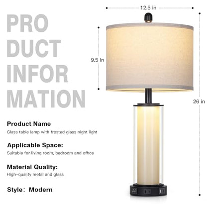 Black Glass Table Lamps Set of 2, 26" Living Room Lamp with Built-in Frosted Glass Night Light, Modern Bedroom Lamp with USB C+A Ports & AC Outlet, Bedside Lamps for Nightstand (4 Bulbs Included) - color: Black