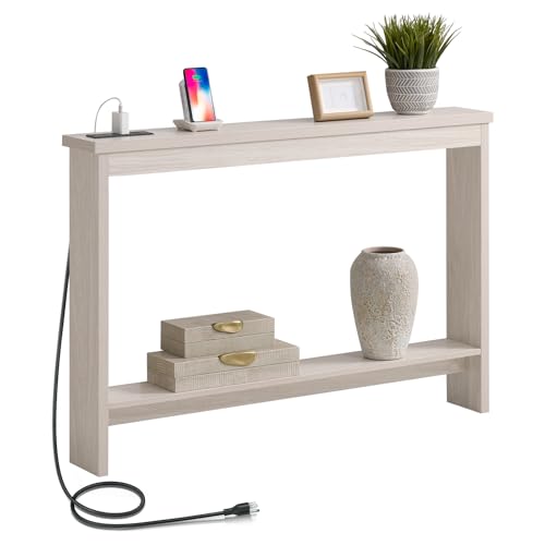 Console Table with Power Outlet and USB Port, 47" Long Behind Couch Table with Charging Station, Narrow Sofa Table for Entryway, Living Room, Foyer, Hallway, White Oak Grey - color: White Oak Grey