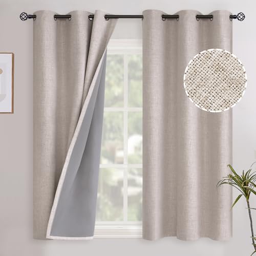 YoungsTex Short Linen Blackout Curtains 45 Inch Length for Bedroom, Full Room Darkening Linen Textured Window Drapes Thermal Insulated Panels, 2 Panels, 42 X 45 Inch, Beige - color: Beige, size: 42"W x 45"L (Pack of 2)