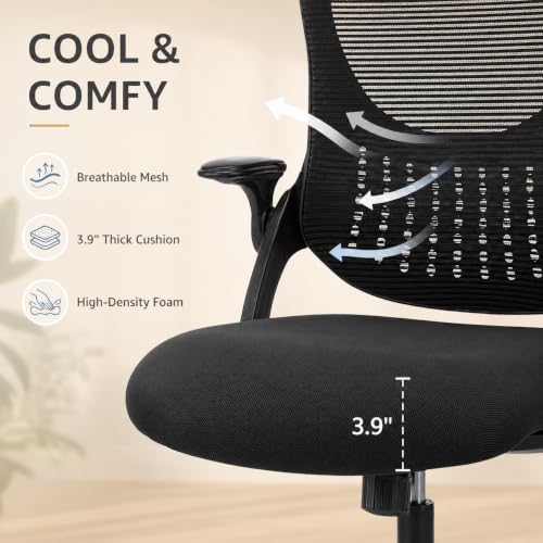 Black Ergonomic Office Chair, High Back Mesh Desk Chair with Adjustable Headrest Lumbar Support, Computer Chairs with Flip-up Armrests and Thickened Cushion for Adults Home Office, 360° Swivel - color: Black With Headrest