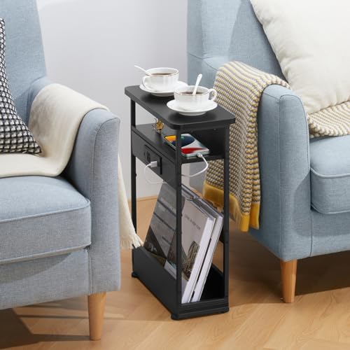 YEAKOO Narrow Side Table with Charging Station, 3-Tier End Table with 2 USB Ports & Power Outlets,Thin Sofa Side Table for Narrow and Small Spaces, Bedside Table Nightstand for Living Room,Black - color: Black