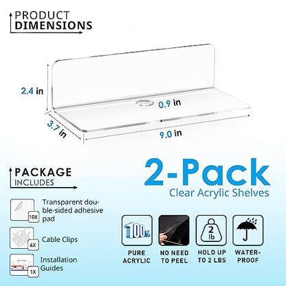 OAPRIRE Acrylic Floating Wall Shelves Clear, No Drill, 9 Inch 2 Pack | Strong Tape Adhesive Wall Shelf, Easy Installation, Hole Design with Cable Clips, Small Spaces Bedroom Bathroom Living Room - color: Fully Clear