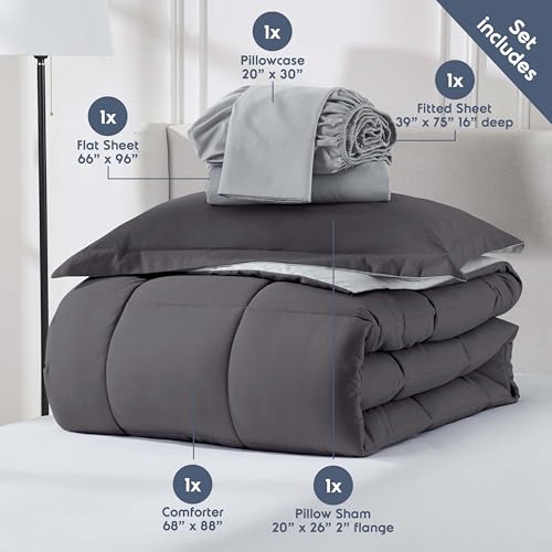 Nestl 5 Piece Twin Comforter Set – Dark Grey Reversible Bed in a Bag – Complete Twin Size Bedding Set with Sheets, Pillowcase and Sham - color: Dark Grey, size: Twin