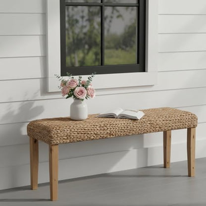 Solid Wood Acacia Indoor Bench, 47 Inch Water Hyacinth Seat, Fishbone Style | Natural Woven Seat, Living Room or Entryway, Bedroom End of Bed or Dining - color: Fishbone - Natural Leg & Water Hyacinth