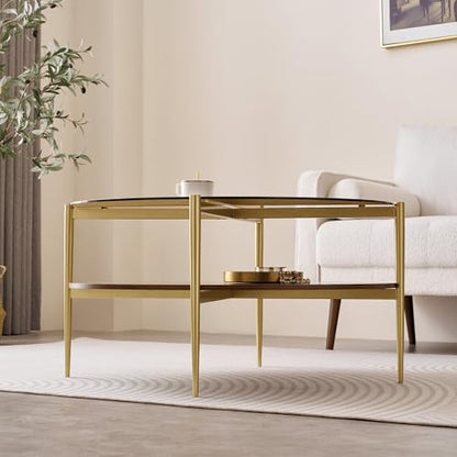 LumFurn Extra Large Round Coffee Table, Mid-Century Modern Design, D34 x H17 in, for Living Room, 2-Tier Structure, Amber Glass Top and Walnut MDF Shelf, Sleek Conical Metal Legs with Gold Finish - color: D34" Amber & Walnut