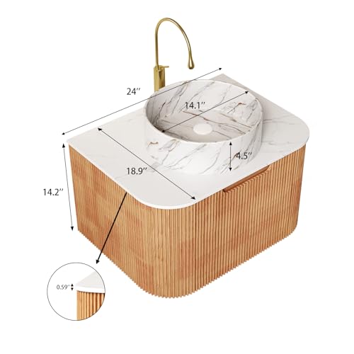 24” Floating Bathroom Vanity with Sink, Fluted Wall-Mounted Solid Wood Cabinet, Marble-Pattern Ceramic Round Basin, Faux Marble Top, Soft-Close Drawer, Pre-Assembled, Natural Woodgrain - color: 01 - Natural Woodgrain, size: 24"