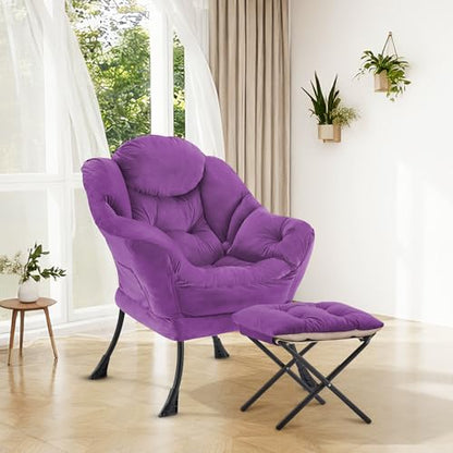 Lazy Chair with Ottoman Comfy Accent Lounge Chair with Side Pocket Cozy Chair Modern Reading Armchair with Footrest Upholstered Sofa Chair for Small Spaces Living Room Dorm Bedroom Purple - color: Purple