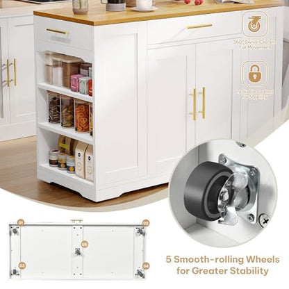 DWVO Large Kitchen Island with Trash Can Cabinet | 53 Inch Kitchen Island on Wheels, Rolling Island with Tilt‑Out Garbage Storage Fits 13 Gallon Bin - color: White