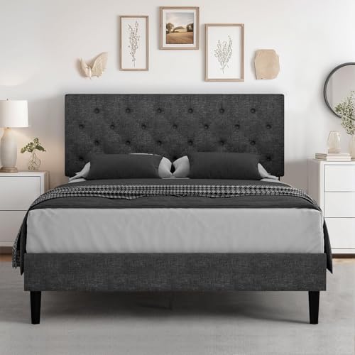 HOMBCK Full Size Bed Frame with Headboard, Linen Fabric Upholstered Bed, Grey Bed Frame with Wood Slats, Button Tufted, No Box Spring Needed, Dark Grey - color: Dark Grey, size: Full