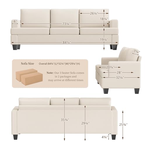 Furnimart Modern 3 Seater Couch and Loveseat Sets, Comfy Couches Set for Living Room, Deep Seat Sectional Sofa and Love Seat Set, Beige 3-Seater - color: Beige, size: 3 Seater Sofa 85"