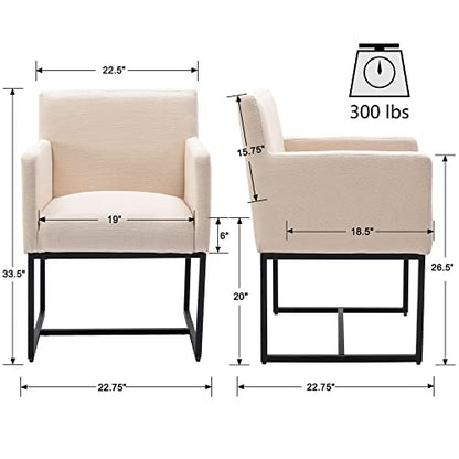 Linen Upholstered Dining Chairs with Arms Set of 2, Mid Century Modern Padded Kitchen Chairs with Black Metal Frame for Restaurant, Dining Room, Cream - color: Cream
