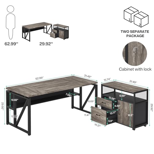 Tribesigns L Shaped Desk with Drawer Cabinet, 63" Executive Computer Desk and lateral File Cabinet, 2 Piece Home Office Furniture with Drawers for Hanging File, Doors with Locks (Gray, 63 inches) - color: Grey, size: 63 inches