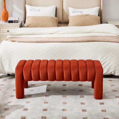 43.3" Bedroom Bench, Upholstered Entryway Bench, Modern End of Bed Ottoman with Solid Wood Legs and Adjustable Foot Pegs for Entryway, Dining Room and Living Room (Rust Velvet) - color: Rust Velvet, size: 43.3"