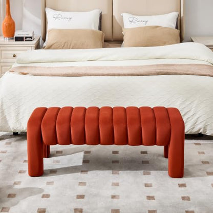 43.3" Bedroom Bench, Upholstered Entryway Bench, Modern End of Bed Ottoman with Solid Wood Legs and Adjustable Foot Pegs for Entryway, Dining Room and Living Room (Rust Velvet) - color: Rust Velvet, size: 43.3"