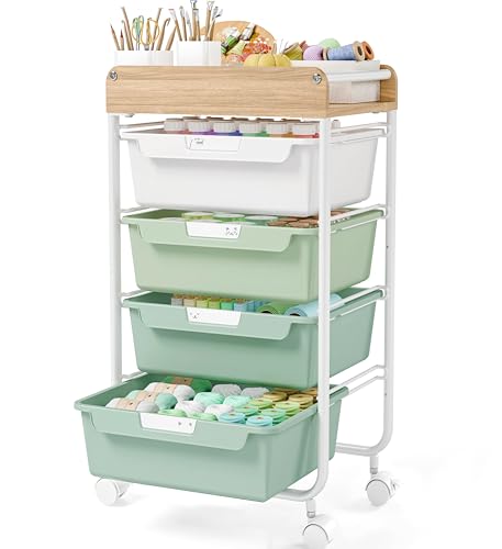SYKIARIOL Rolling Craft Storage Cart with 4 Drawers,Kids Craft Cart,Green | Utility Cart with Drawers,Art Craft Organizers and Storage,Kids Art Cart With DIY Lable and Wooden Tabletop Area - color: Green, size: 4-Drawer