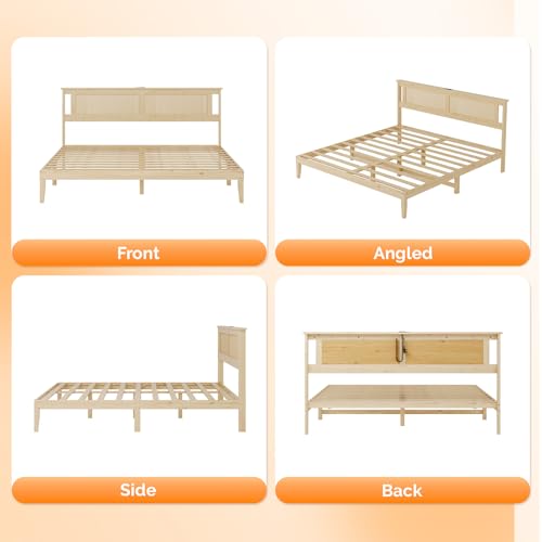 VINGLI Rattan King Bed Frame with Rattan Headboard,Boho Platform Bed with Charging Station and Underbed Storage for Bedroom,Solid Wooden Slats Surpport, Noise Free,Natural - size: King