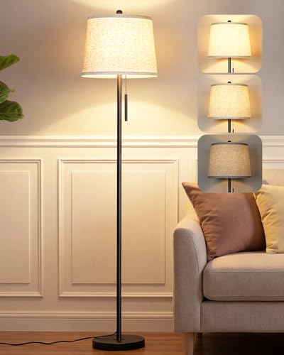JUNNAI 【Upgraded】 Modern Black Floor Lamp 63in Standing Lamp for Living Room Bedroom Office 3 Way Brightness Dimmable Tall Pole Light with Beige Linen Shade Metal Shade 8W 3000K LED Bulb Included - color: Black